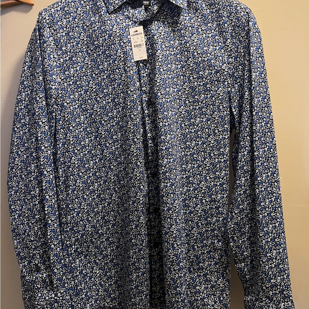 Express Blue and White Casual Button Down Shirt